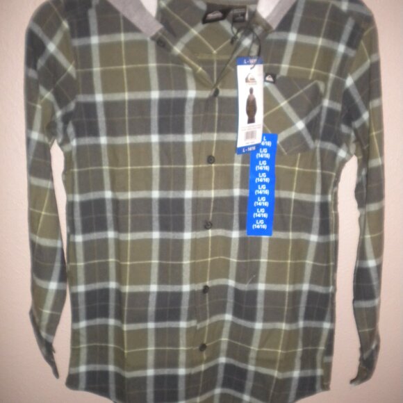 Quiksilver Boys Size Large 14/16 Green Four Leaf Hooded Flannel Shirt SHacket - Picture 2 of 5